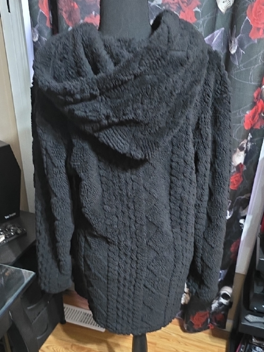 Fluffy Black Button-Up Women's Hooded Cardigan Sweater - Picture 3 of 6